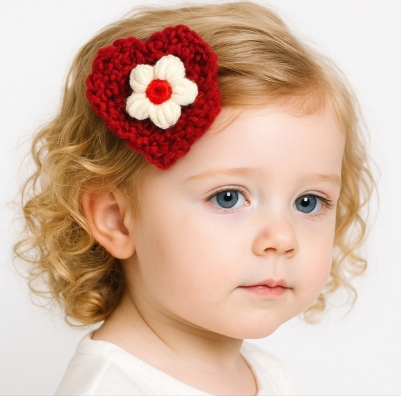 Hand Crafted Accessories - Hand Crafted Red Crochet Chunky yarn Red & white Puffy Flower barrette Hair Clip